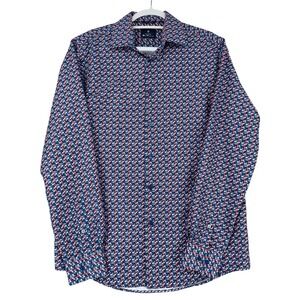 Ben Sherman Slim Fit Men's Long Sleeve Button Down Shirt Floral Print Blue Red L